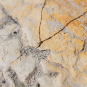 Łańcuszek muszelki w złotym kolorze zaprezentowany w detalicznym ujęciu z widoczną fakturą zawieszki
